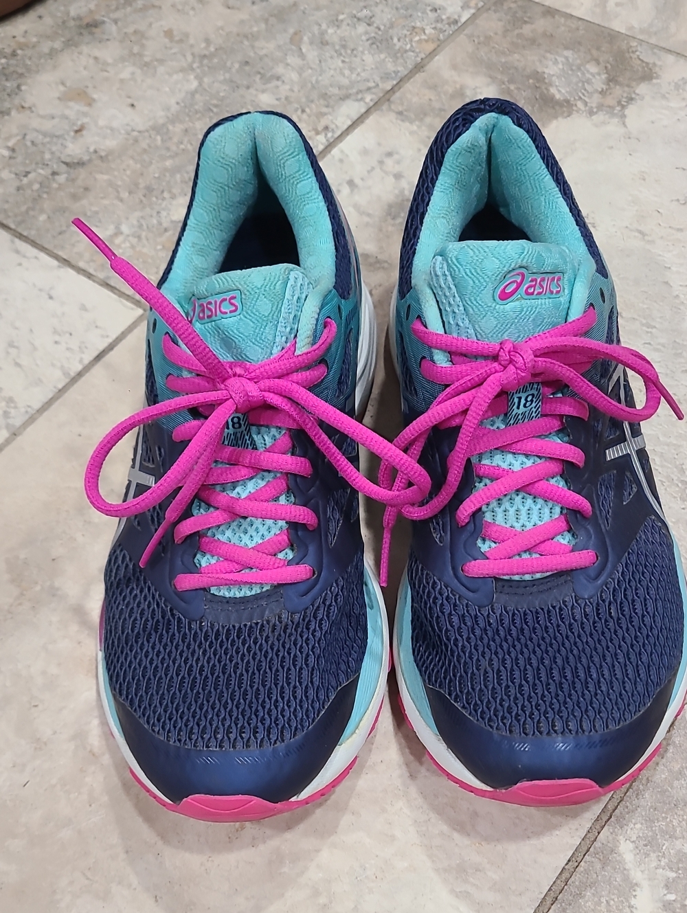 ASICS Navy and Teal Women's Athletic Sneakers with Pink Laces